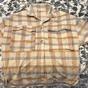 Pink Lily Lightweight Plaid Shirt Jacket in Beige and Light Blue